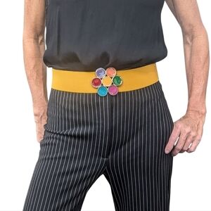 Vintage A Brod Rainbow Flower Buckle Belt Yellow Stretch USA 70s 80s